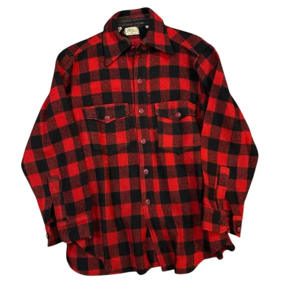Vtg LL Bean Wool Shirt Mens Small Red Black Script Label 60's US Rustic Outdoors